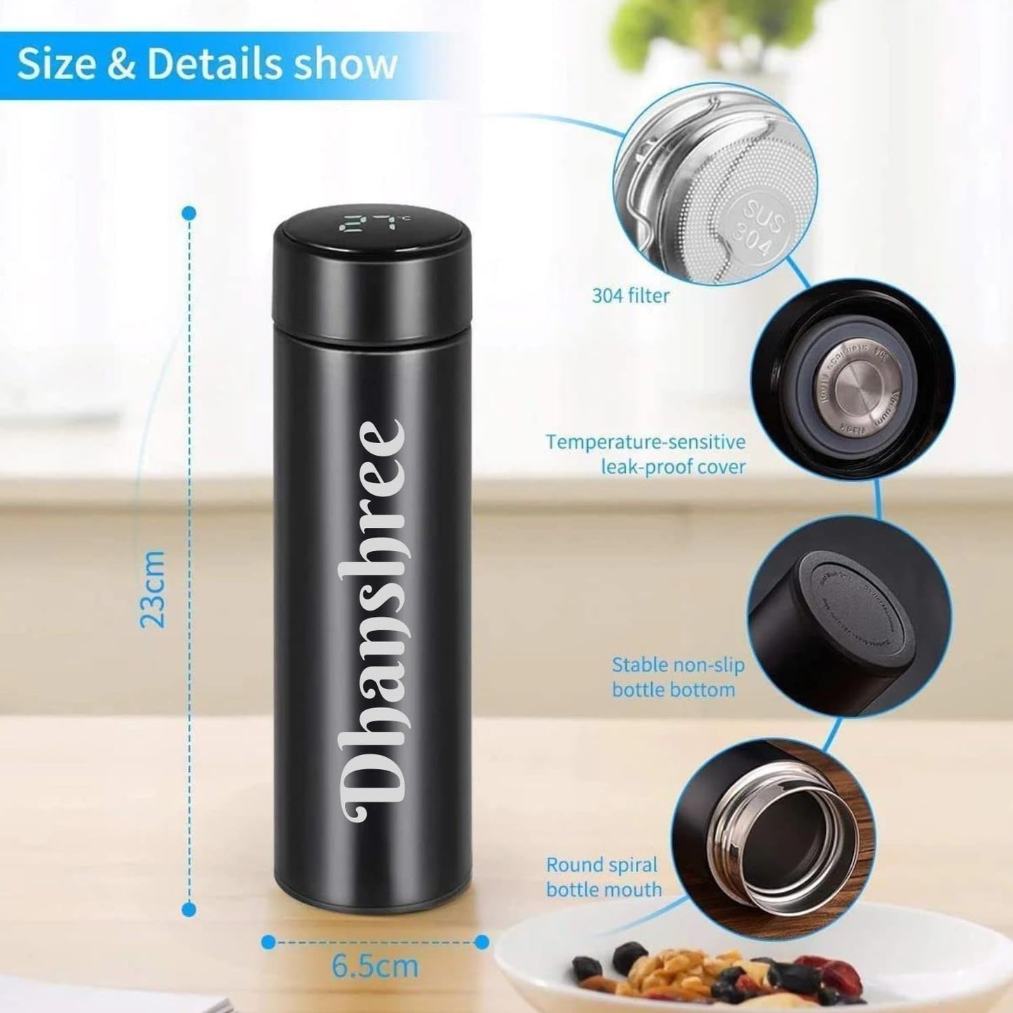 Personalised Temperature Bottle with Name (500ml) Ideal for Runners, Gym goers & Travellers