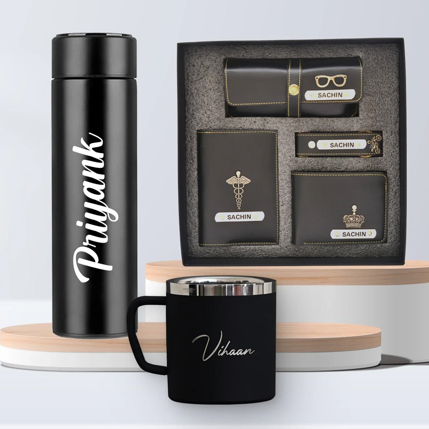 Personalized Stainless Steel Mug, Temperature Bottle & All in One Men's Combo (4 pcs)